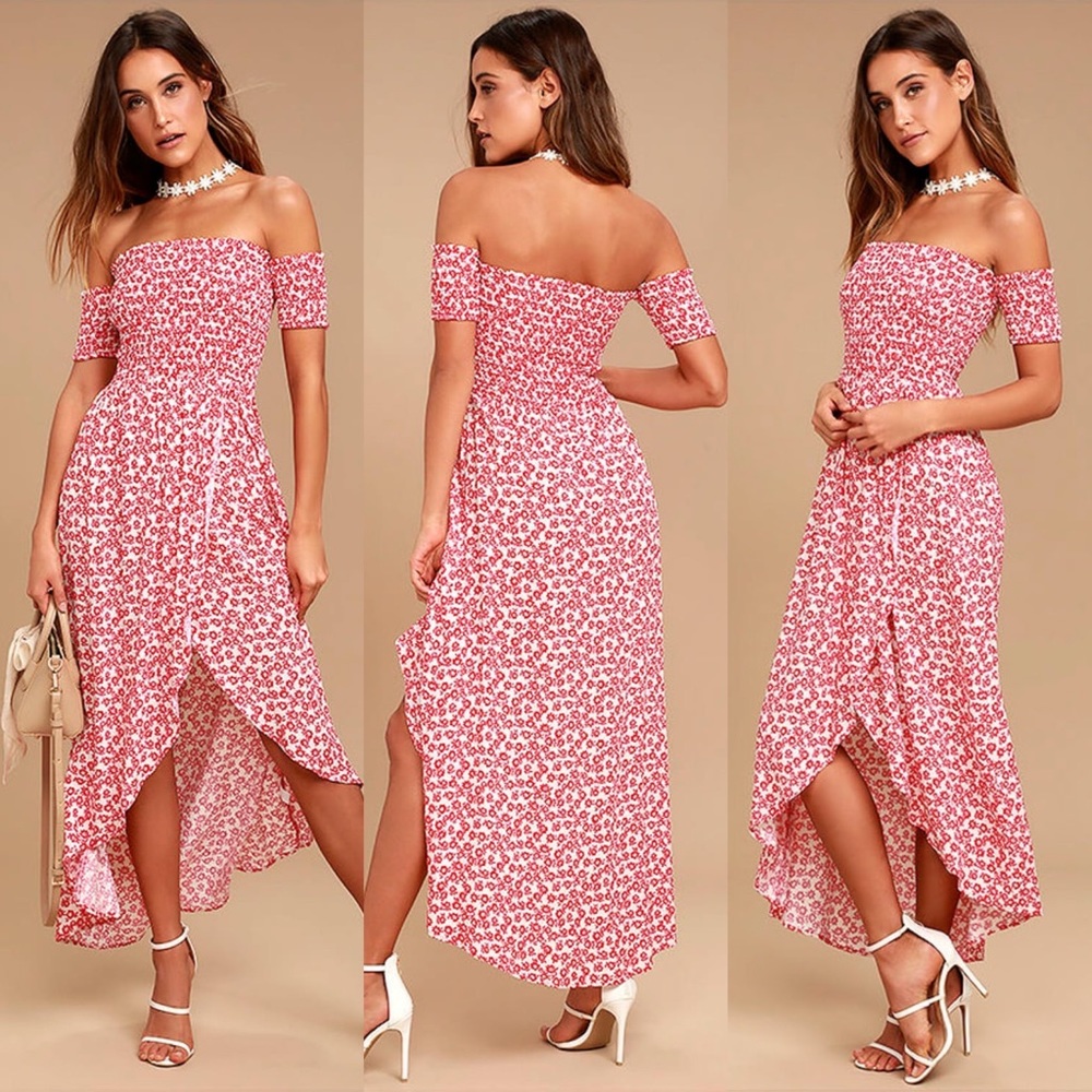 Lulu’s Tranquility Red Floral Print Off-the-Shoulder Dress
